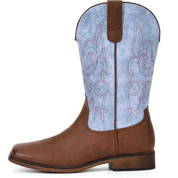 Women Light Blue Square Toe Western Mid Calf Embroidered Cowgirl Pull On Boots - Picture 2 of 5